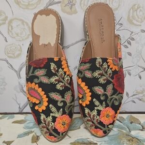 Indigo Black and Orange Floral Embroidered Mules